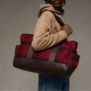 American Eagle Outfitters Red and Brown Plaid Duffel Bag